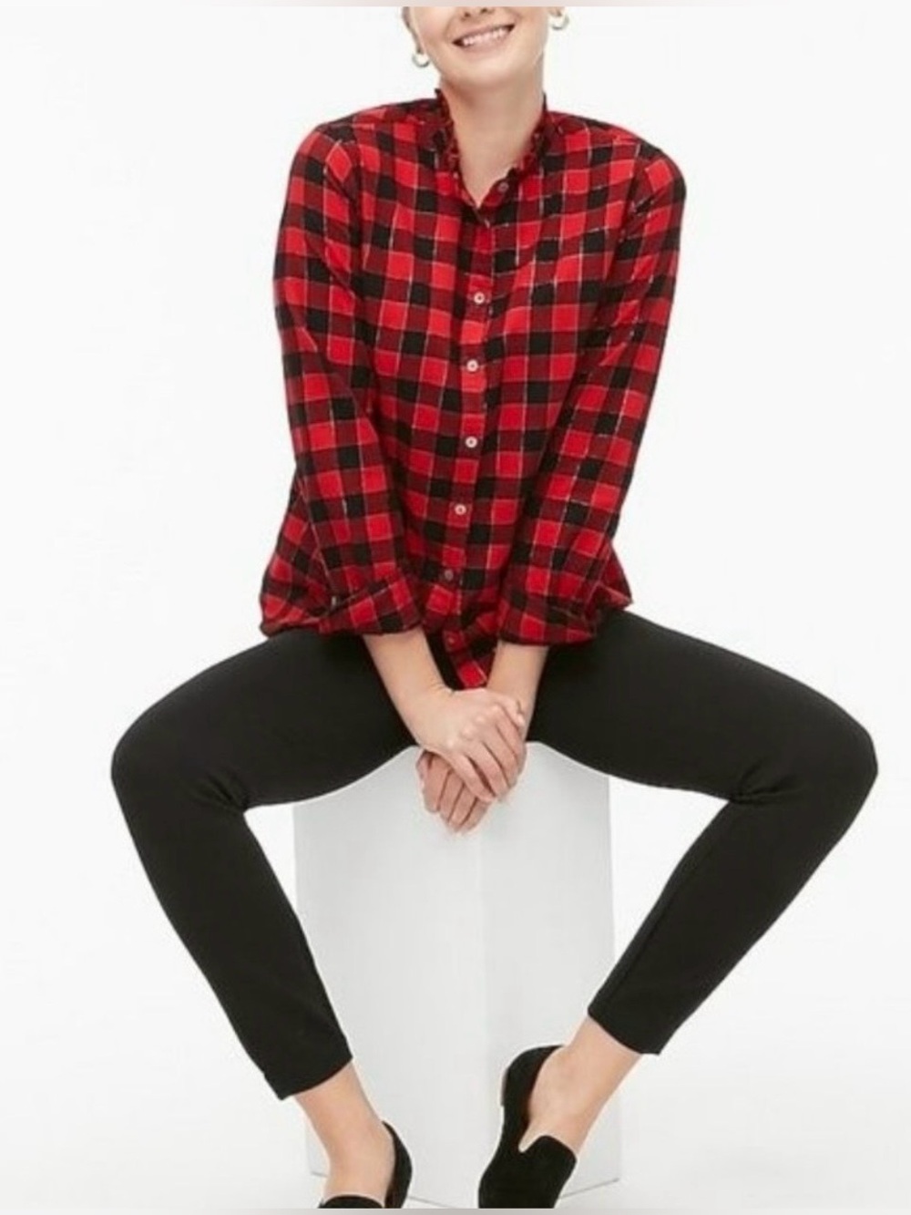 J. Crew Women’s Button Front Flannel Top with Ruffled Collar Red/Black Large